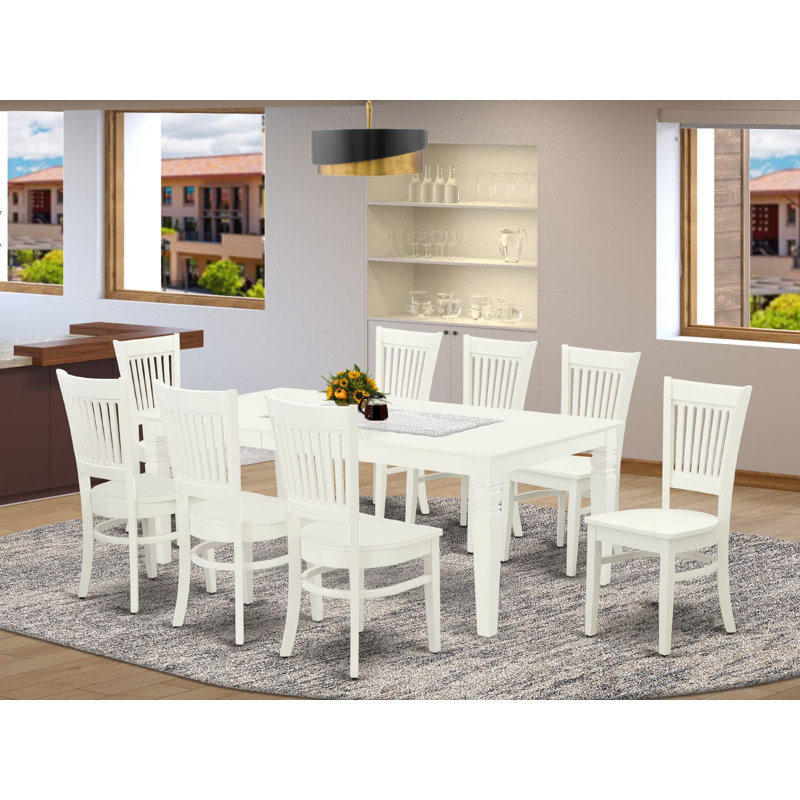 Ensemble de table de salle à manger 9 pièces comprenant une table de salle à manger rectangulaire avec rallonge papillon et 8 chaises en bois, lin blanc
