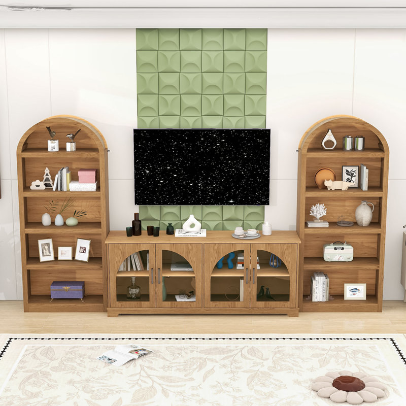 Ensemble de meuble télé 3 pièces avec portes en verre, bibliothèques arquées, rangement réglable et conception anti-basculement sécuritaire