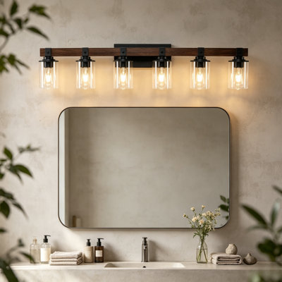 Miroir de salle de bain à 6 lumières en bois à intensité variable avec abat-jour en verre transparent, luminaire mural pour salle de bain, chambre à coucher, couloir