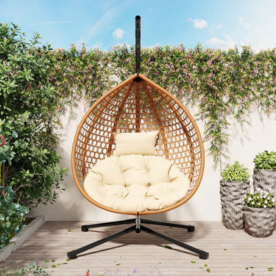 Balancelle en rotin robuste avec support et coussin amovible doux pour balcon, chambre à coucher ou jardin