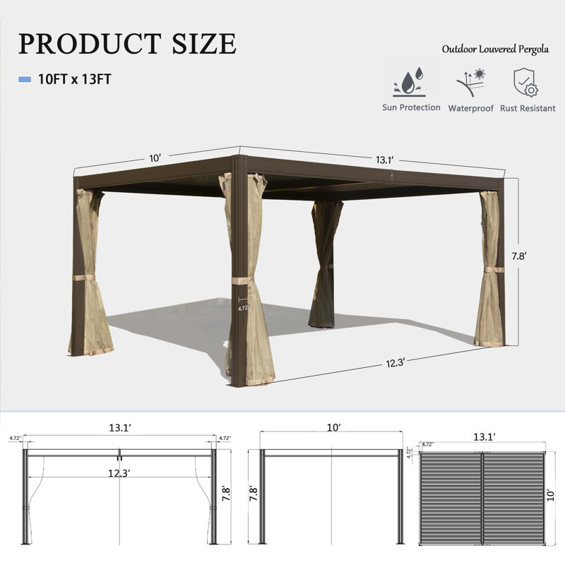 Pergola Gazebo with Louvered Roof, Brown, 13 ft x 10 ft