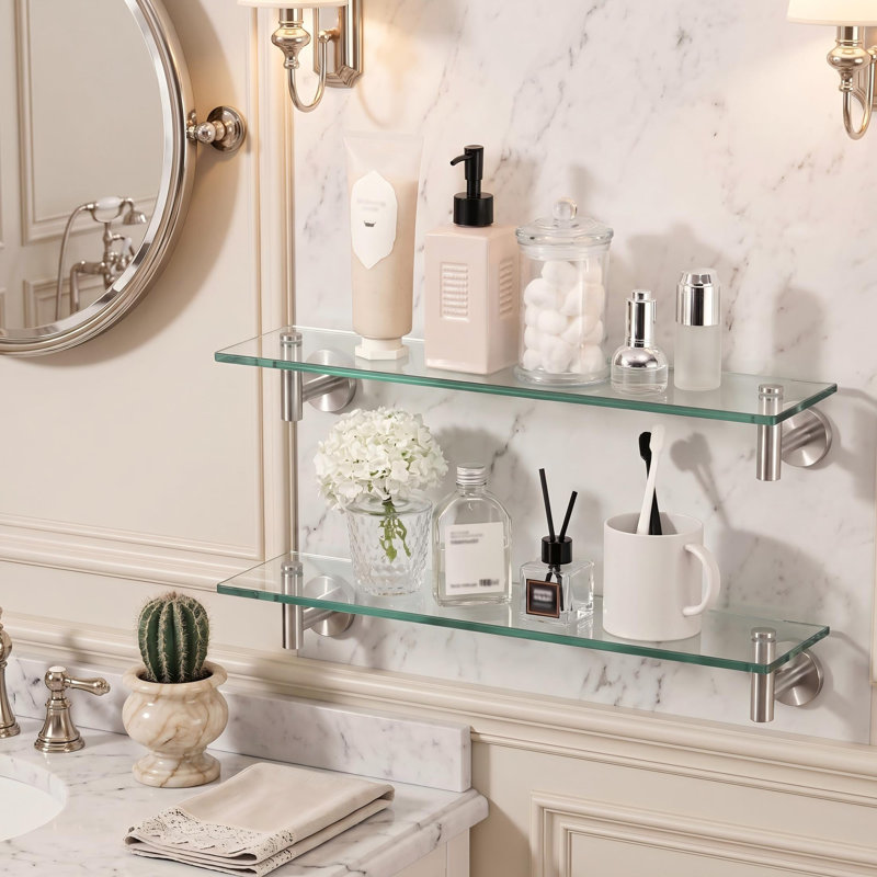 20-Inch Rectangular Bathroom Glass Shelf Glass With Rustproof Metal Bracket 2 Pack Brushed Finish