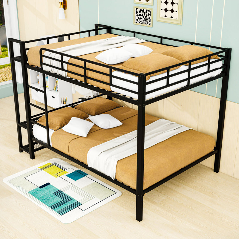 Queen over Queen Metal Bunk Bed with Storage Mesh Shelves and LED Light