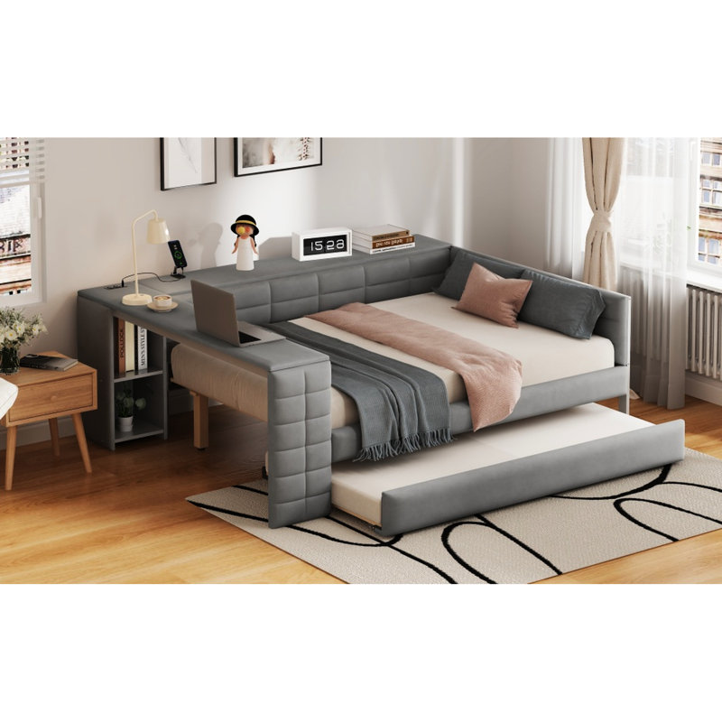 Gray Full Size Upholstered Bed With Built - In Storage Shelves, Desk, Charging Ports And Twin Trundle For Home Convenience Platform Velvet, Station Stylish Bedroom