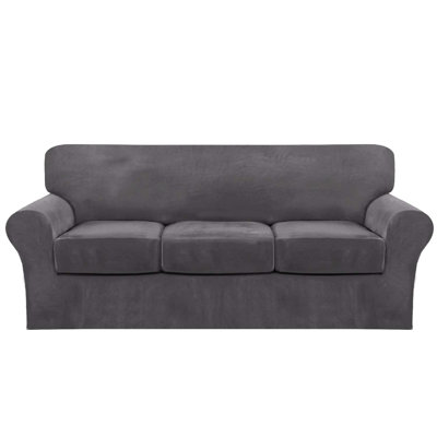 Sofa Velvet Couch Covers for 3 Cushion Stretch Slipcover with Individual Seat Cushion Elastic Furniture Protector, Machine Washable, 4 Piece, (Gray)