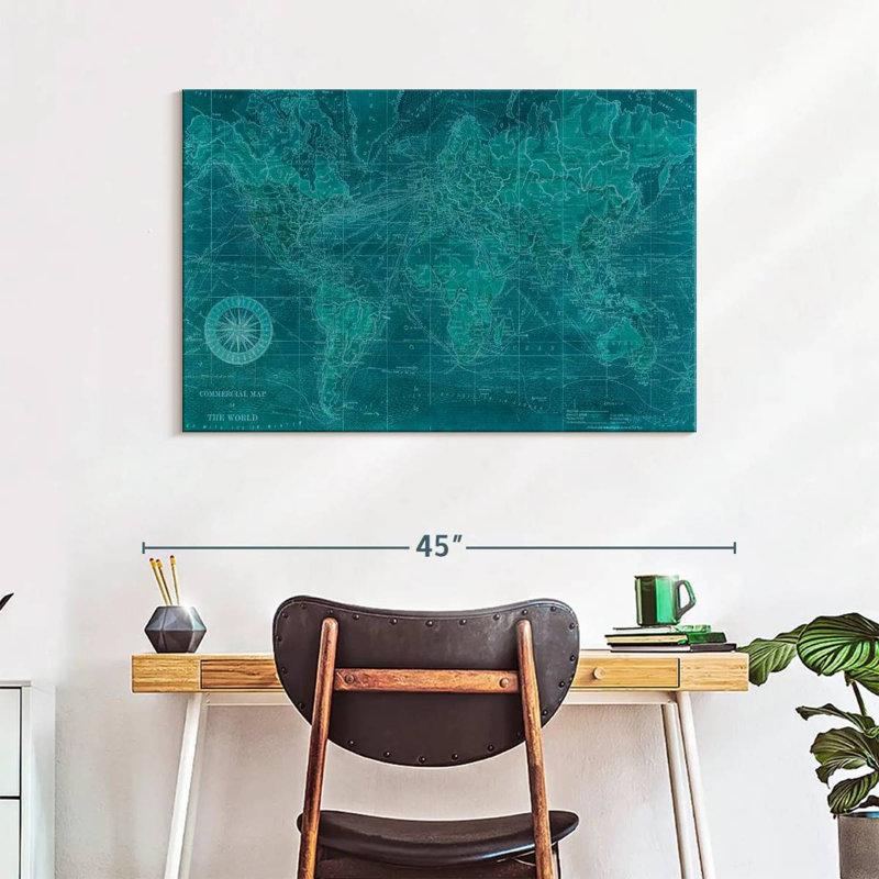 Mappemonde azur antique, H 26 po x l 39 po