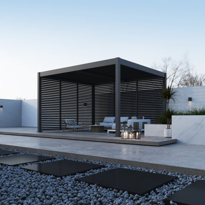 Grand Tuscan 12x14 Louvered Pergola w/ 14' and 12' Horizontal Fixed Deco Sidewall