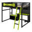 Lit mezzanine en bois avec bureau intégré, tablettes de rangement, lumières DEL, ports de chargement USB et panneau perforé