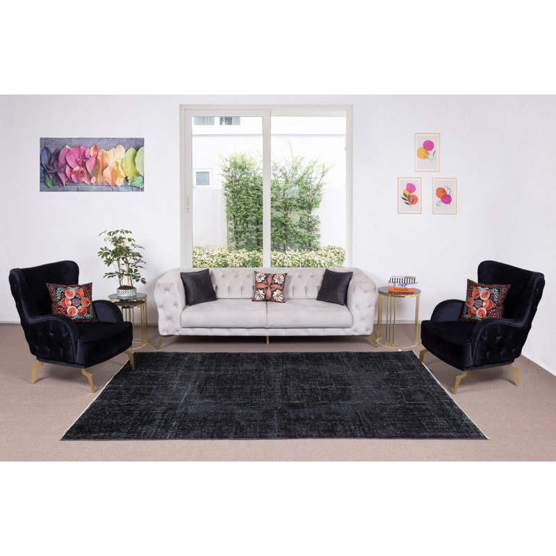 Tapis turc en laine fait à la main de 6,4 x 9,6 pi surteint en noir pour des intérieurs modernes
