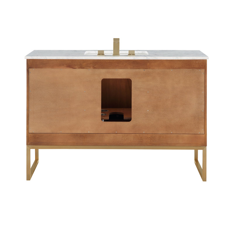 Markham 48'' W Single Vanity, Satin Brass, Carara Marble, Walnut