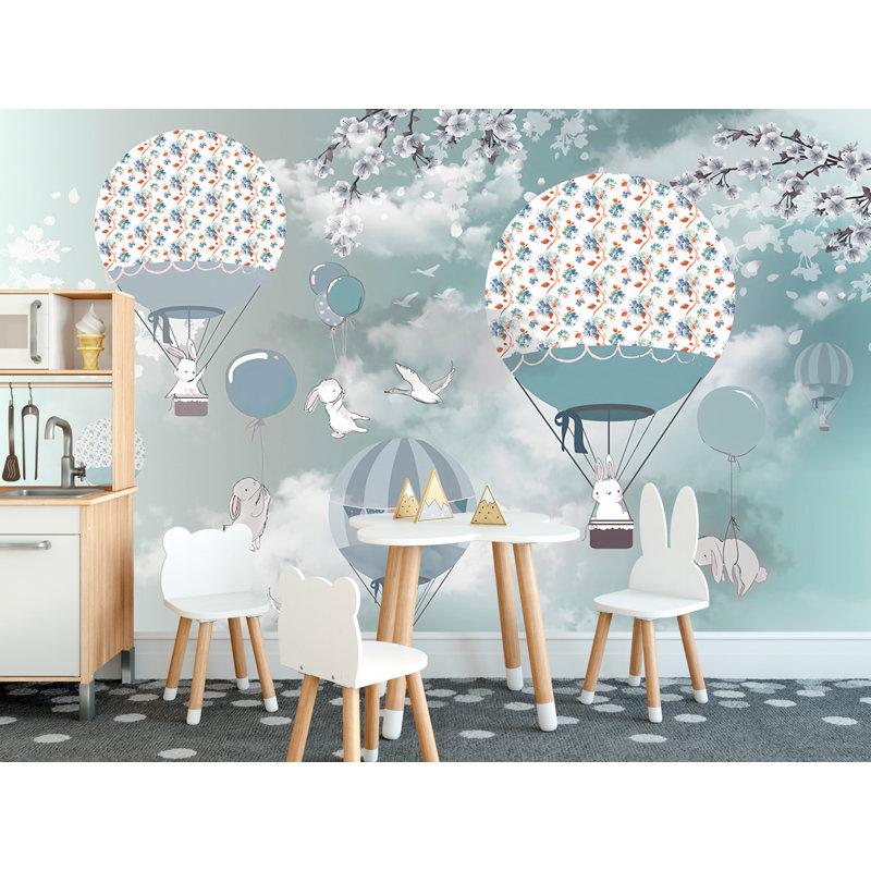 Murale fleur d’air chaude avec ballon de lapin animé Quanah, L 98 po x l 150 po