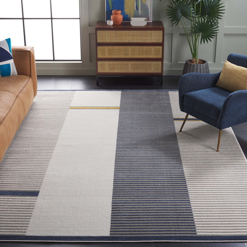 Tapis gris / ivoire / bleu marine en jute / sisal / polypropylène tissé à la machine Nagelly, Rectangle 4 pi 5 po x 6 pi 5 po