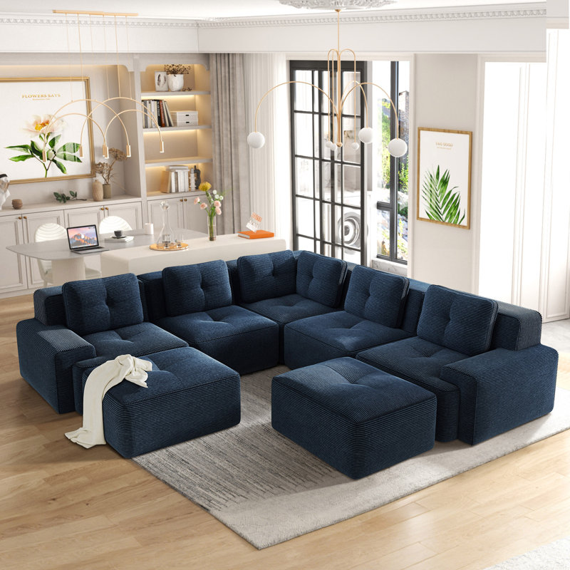 Canapé modulaire en velours côtelé 7 pièces avec repose-pieds mobile Dravon, Velours côtelé bleu