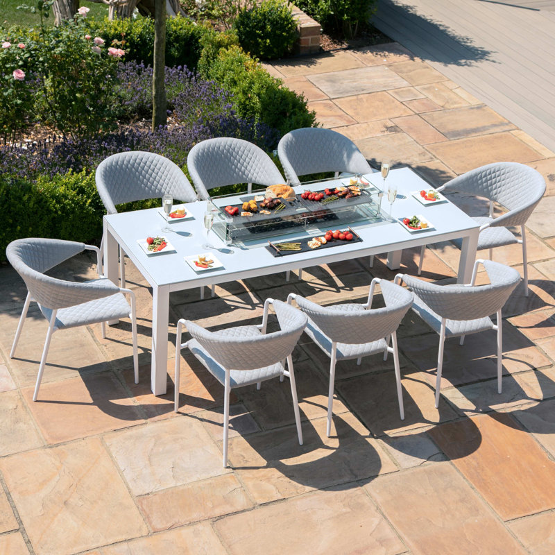 Bergh 8 Seat Rectangular Dining Set - with Fire Pit Table, White