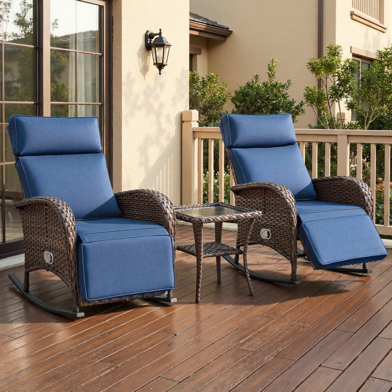 Chaise longue inclinable d'extérieur en osier 3 pièces avec fauteuil inclinable réglable et table d'appoint, Bleu