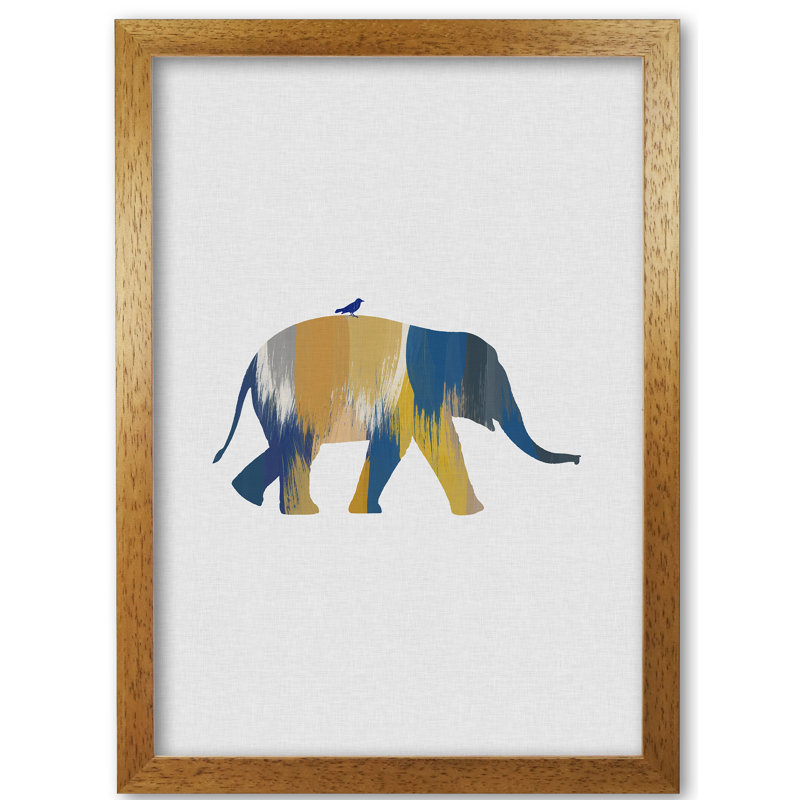 Elephant Blue & Yellow - Print, 60 cm H x 42 cm W x 5 cm D, Honey Oak Frame