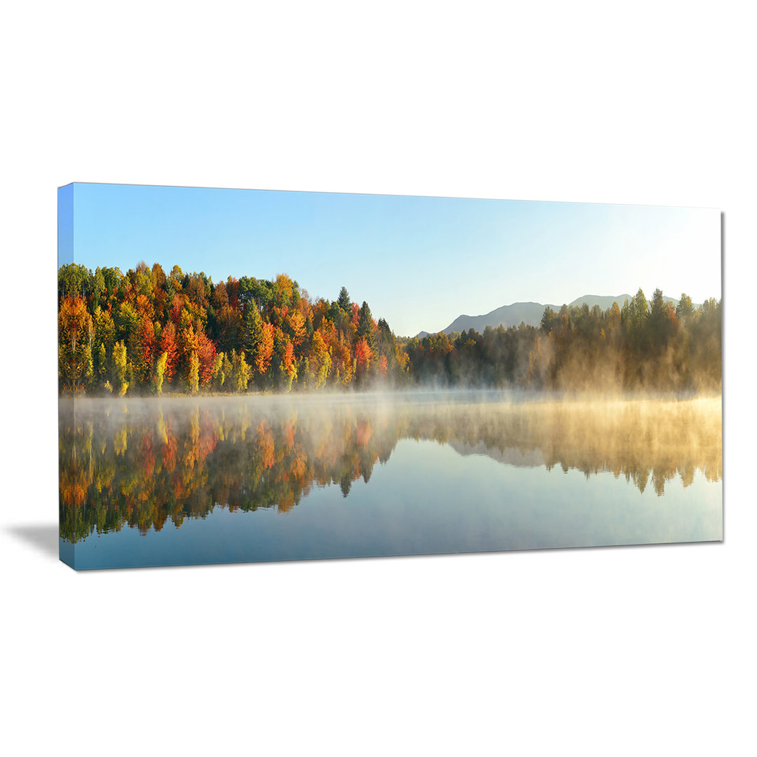 "Lake Autumn Foliage Fog Panorama" Photographic Print on Wrapped Canvas Design Art 