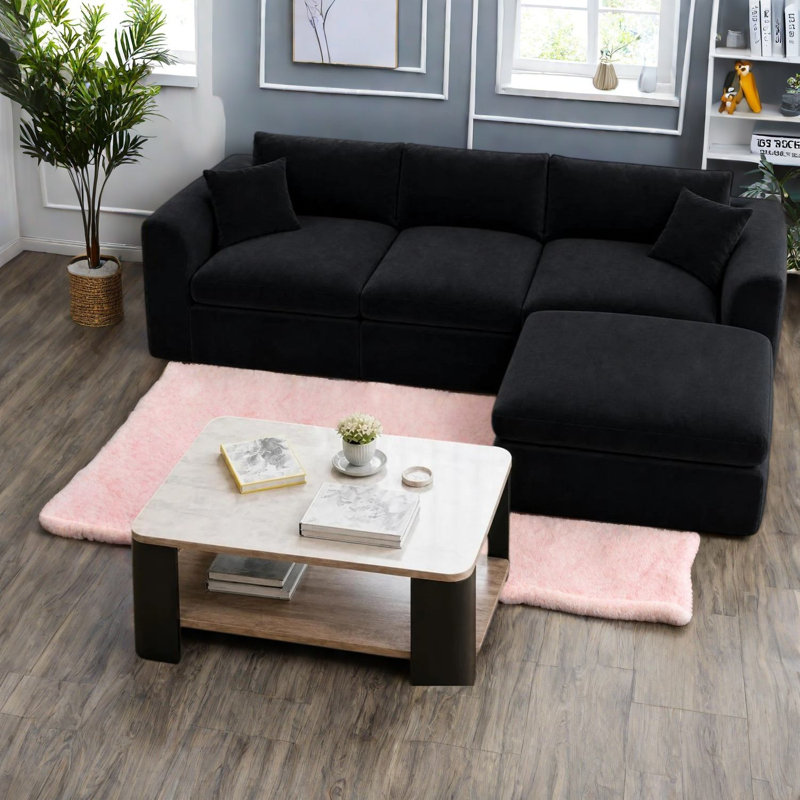 Canapés modulaires à compression en mousse de chenille noire 106,7 po, salon moderne