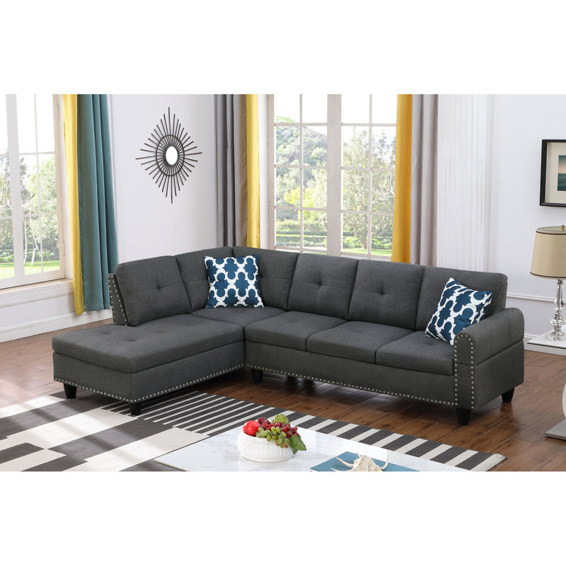 Canapé modulaire en forme de L gris anthracite 3 pièces avec console porte-gobelet, idéal pour les soirées cinéma, deux coussins décoratifs et rangement intérieur, structure en bois massif et en bois d'ingénierie, similicuir neutre, mousse