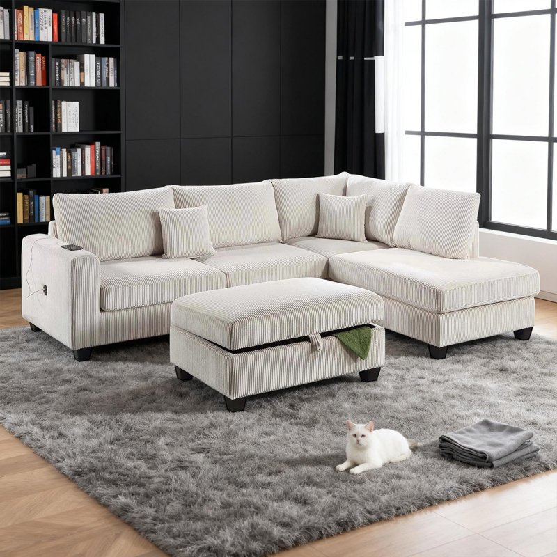 Ensemble modulaire rembourré en velours côtelé 3 pièces (ivoire): Comprend une chaise, un chargeur USB et un repose-pieds avec rangement