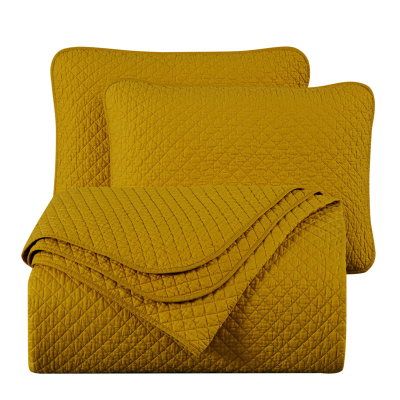 Solid Color Cotton Quilt Cotton Quilt, Queen Quilt + 2 Standard Shams, Mustard