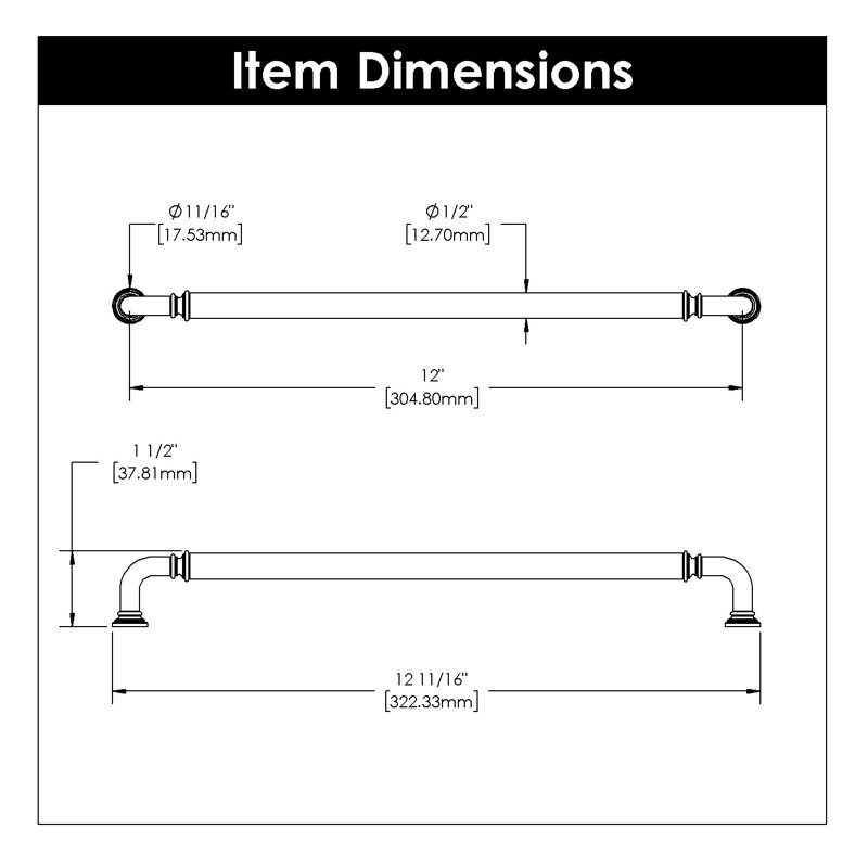 Berkshire Collection Handle Pull - Cabinet Pull - Farmhouse Hardware for Drawers & Cabinets, 12", Polished Nickel
