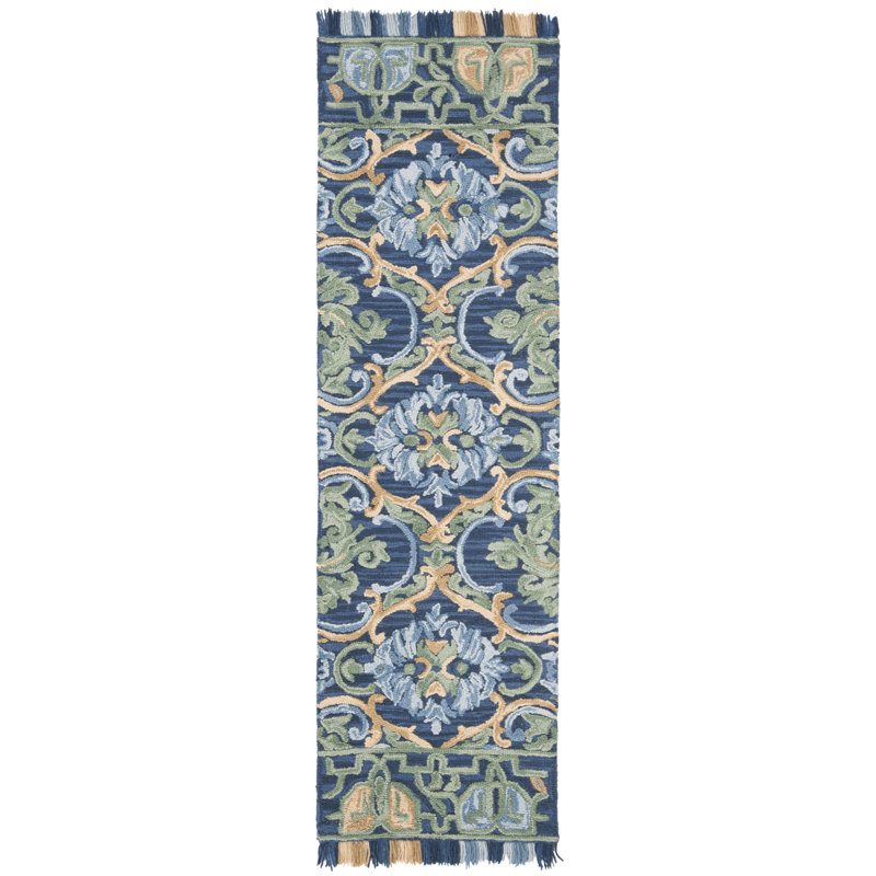 Tapis bleu marine / vert en laine / coton touffeté à la main Jahiem, Tapis de couloir 2 pi 3 po x 6 pi