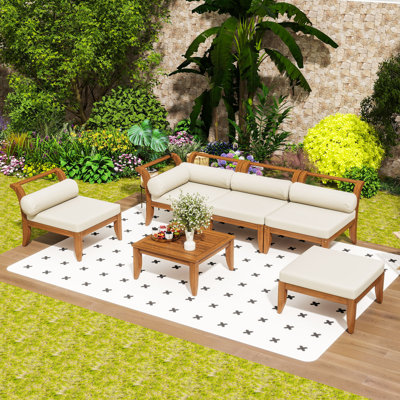 6Pcs Outdoor Sofa Sets, Modular L-Shaped Sectional Furniture with Tea Table, Ottoman and Cushions