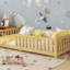 Lit cabane double avec lumière, lit cabane bas avec clôture et toit pour enfants-133336691-133336692