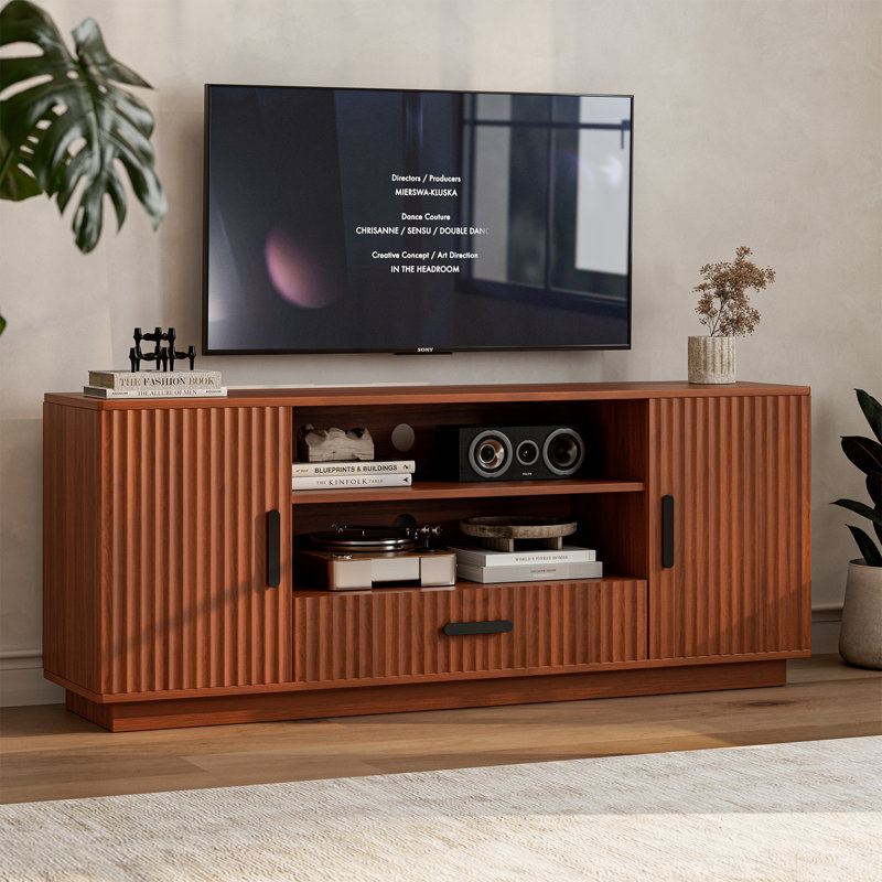 Tv Stand For Living Room & Bedroom, Entertainment Center For 55/65/70 Inch Tv, Modern Fluted Tv Console With Storage Cabinets & Drawer, Walnut