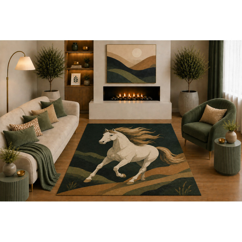 Tapis ultra-léger 152 x 213 cm (5 pi x 7 pi) à motif de cheval blanc au galop, style équestre moderne, idéal pour le salon, la chambre, le bureau ou une décoration champêtre. Dos en silicone antidérapant. Poils courts.