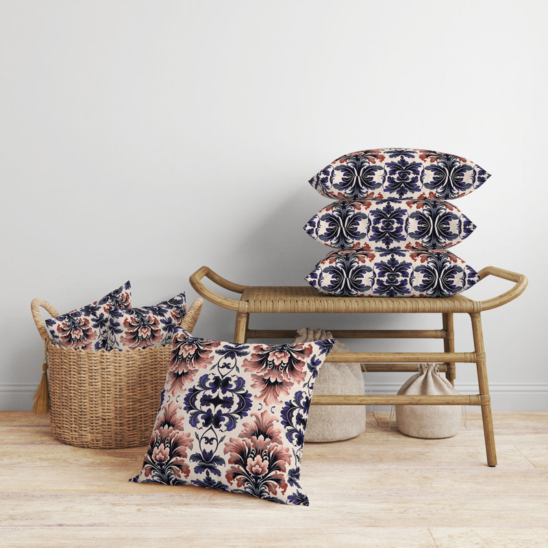 Coussin décoratif réversible intérieur / extérieur Damask Rapture, H 18 po x l 18 po, Bleu / rose / gris