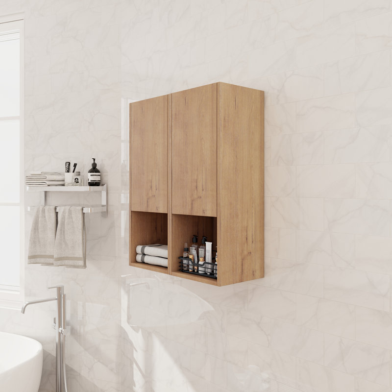 Wall Mounted Bathroom Side Cabinet With Soft Close Door And Shelf, Natural