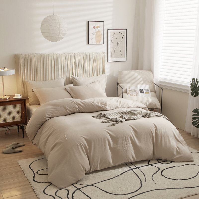  Breathable Washed Microfiber Duvet Cover Set, Full Duvet Cover + 2 Standard Shams, Beige Gray