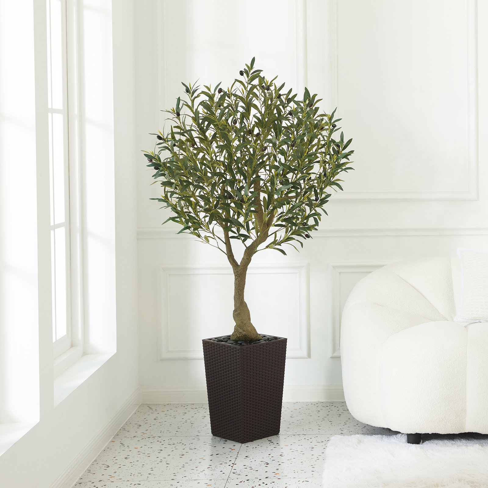 Artificial Olive Tree, UV Resistant Faux Olive Tree with Tapered Planter for Indoor Outdoor Decor, 60" H x 16" W x 20" D