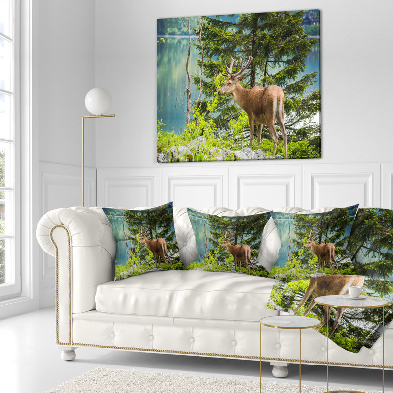 Housse et insert de coussin rectangulaire cerf près du lac, 16 po x 1 po