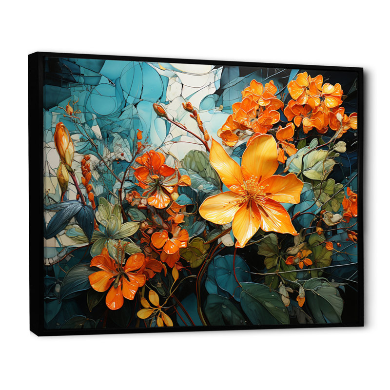«Makhach Orange Blue Tropical Tangle IV», reproduction sur toile, H 24 po x l 32 po x P 1 po, Cadre flottant noir