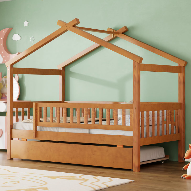 Lit en bois avec lit gigogne simple, Noyer, Lit simple