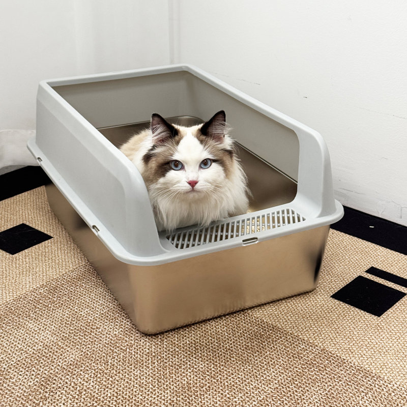 Bac à litière en acier inoxydable avec couvercle surélevé, bacs à litière très grand pour chat, bac à litière en métal TG