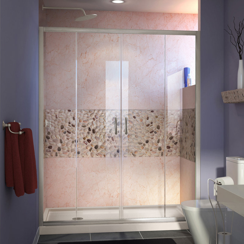 Visions 60" W x 74.75" H Semi-Frameless Shower Enclosure, Left, Brushed Nickel/Biscuit