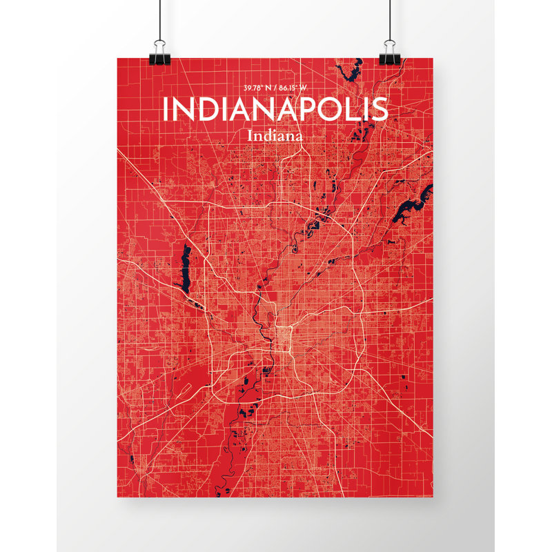 Indianapolis City Map - Unframed Graphic Art Print on Paper, 60.2cm H x 27.9cm W x 0.1cm D, Red/White/Black