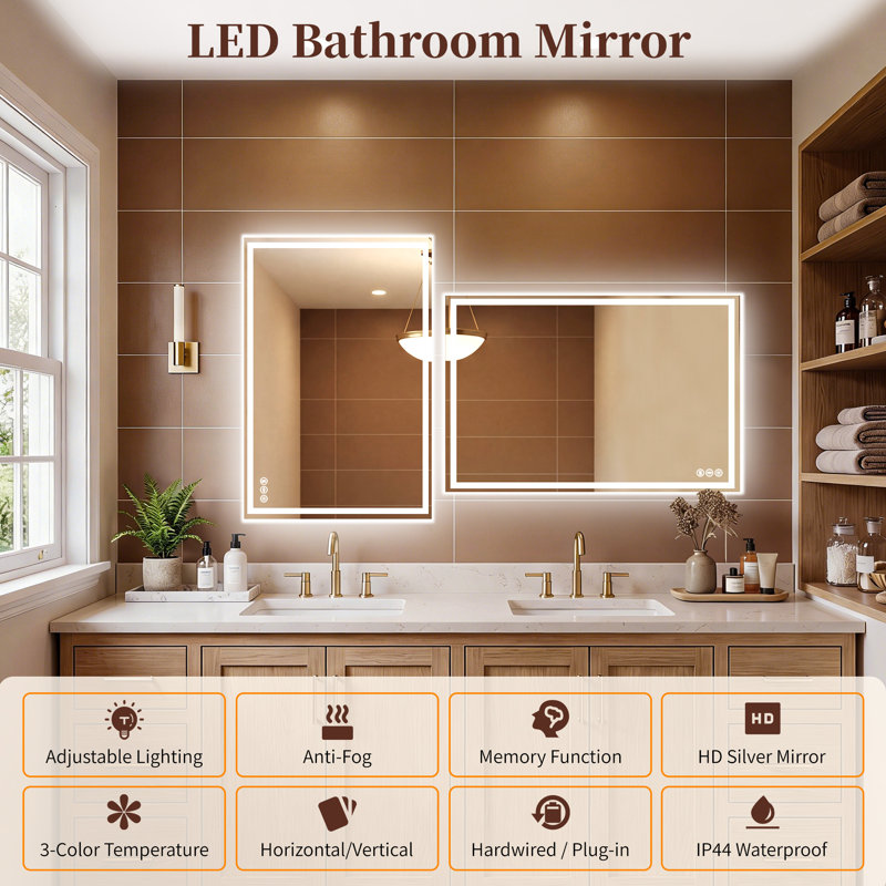 Super Bright LED Bathroom Mirror with Front&Back Lighting,Anti-Fog, Tempered Glass, 3-Colors, Dimmable Brightness, with ETL/UL