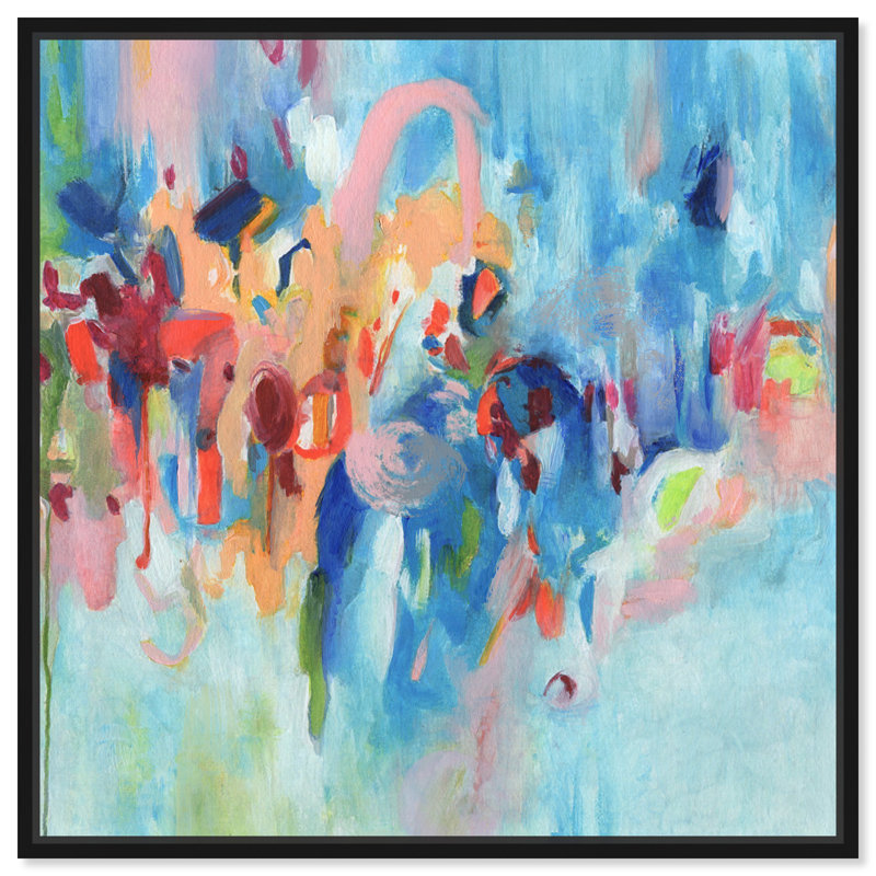 Large Blue and Multicolor Abstract Canvas Art with Black Frame