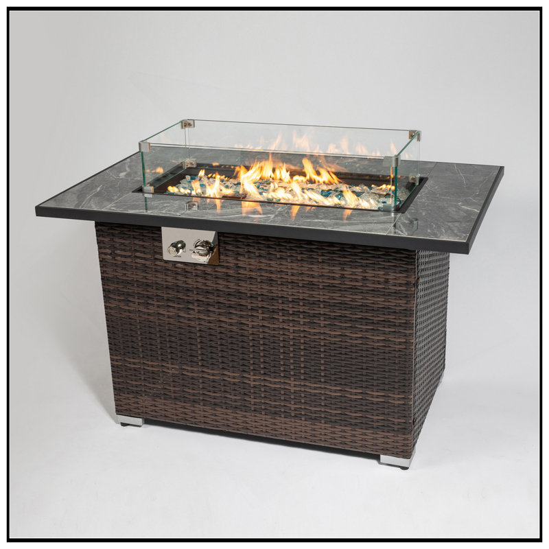 44" Propane Gas Fire Pit Table, 50000 BTU Rectangular Fire Pit, Tile Tabletop With Beautiful Wicker Base For Outside Patio Deck Garden Courtyard-Brown