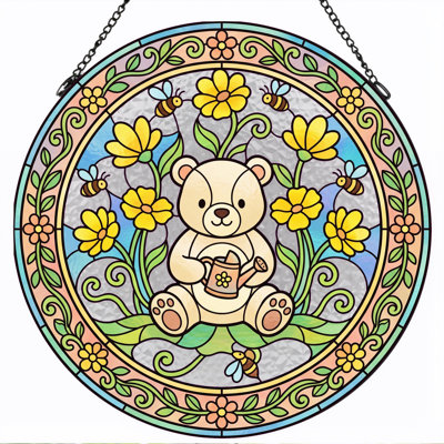 Teddy Bear Stained Glass Window Panel，12"H