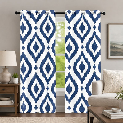 2Pcs White Ikat Curtains, Geometric Pattern Curtain, Bohemian Style Printed Art Grommet Drapes, Window Treatment for Bedroom Living Room Home Decor