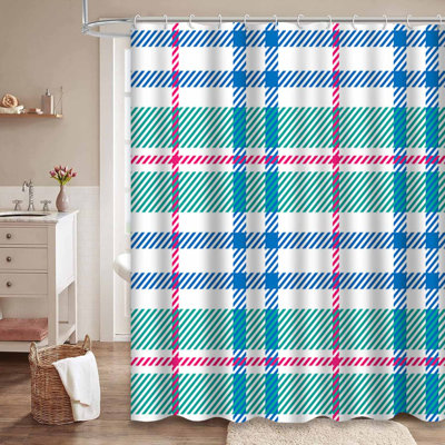 Plaid Check Blue Buffalo Checkered Teal Shower Curtain with 12 Hooks