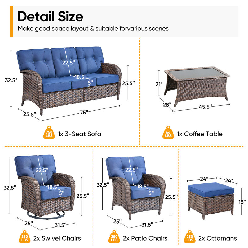 Fiorillo 8-Piece Outdoor Wicker Patio Conversation Set With Cushions/2 Swivel Chairs And 2 Lounge Chairs, Blue