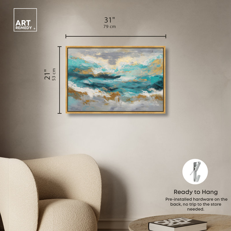 "Golden Tides", impression sur toile encadrée bleue et dorée par Art Remedy, cadre doré, 30 x 20, H 21 po x l 31 po