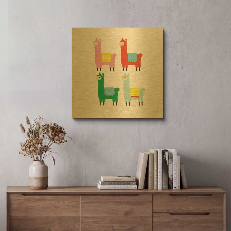«The Llamas» par Ann Kelle, art mural en métal doré, 24 po x 24 po, 24 po x 24 po